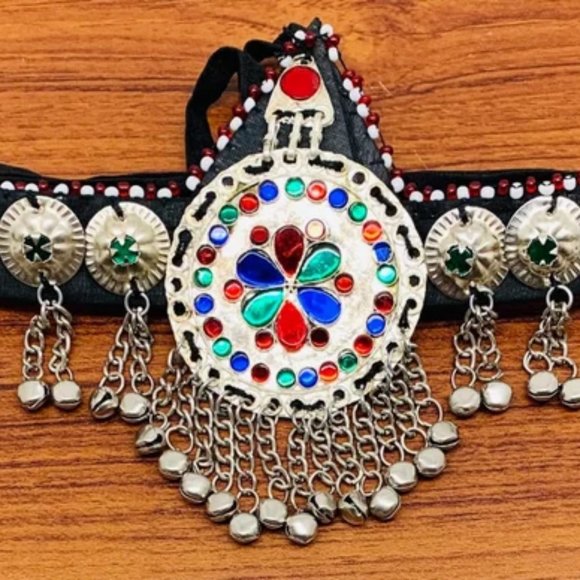 Silver Matha Patti, Traditional Matha Patti With Multicolor Glass Stone and Bell - Picture 4 of 14